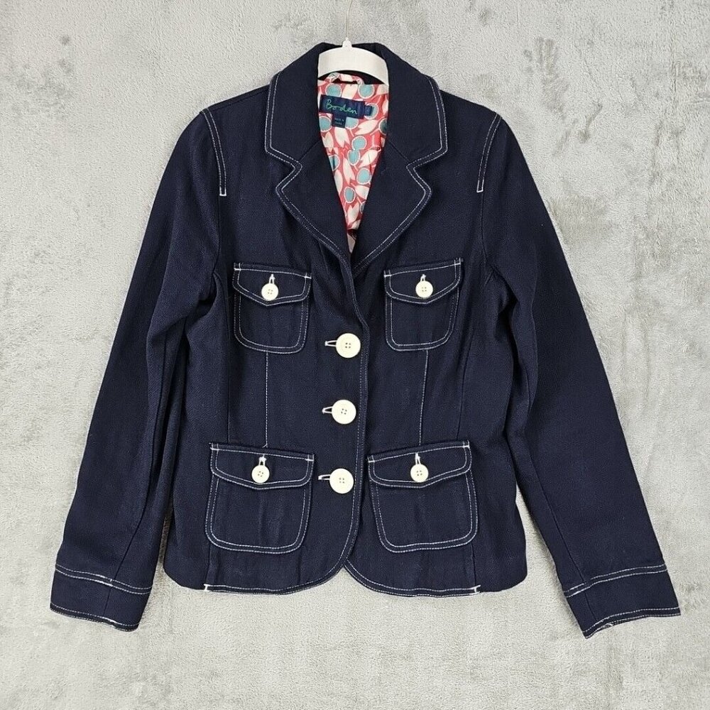 Boden Cotton Jacket Womens Size 8 Navy Blue Twill Lined Blazer Cute Pockets